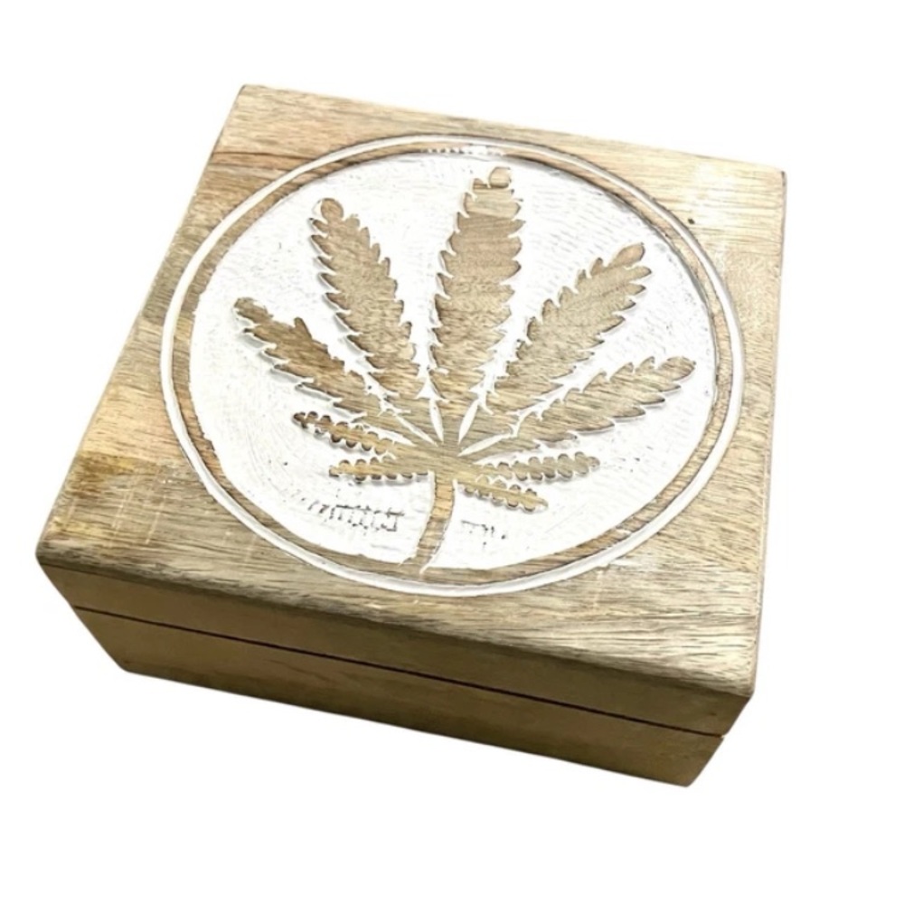 Natural Wooden Storage Box with Leaf Design